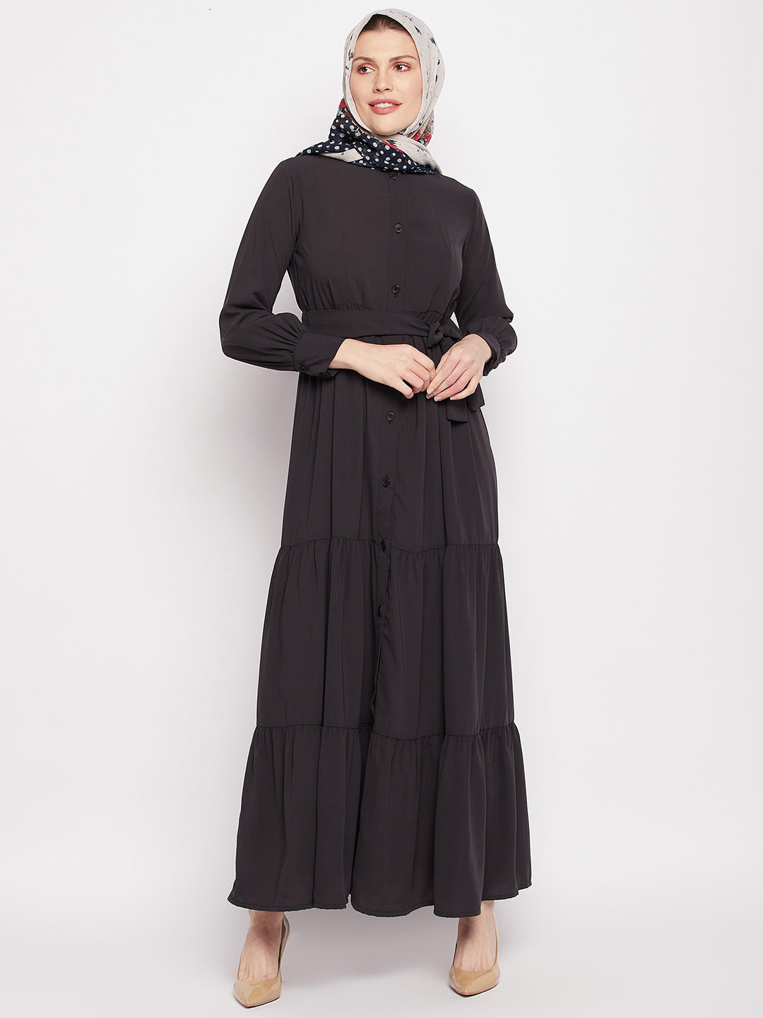 Nabia Women Olive Black Solid Frilled Abaya with Black Georgette Scarf