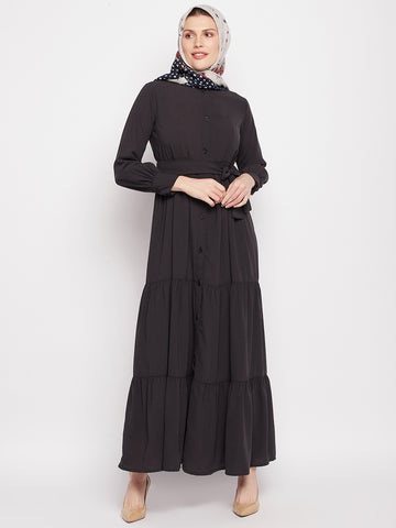 Nabia Women Olive Black Solid Frilled Nida Matte Fabric Abaya Burqa With Black Georgette Scarf