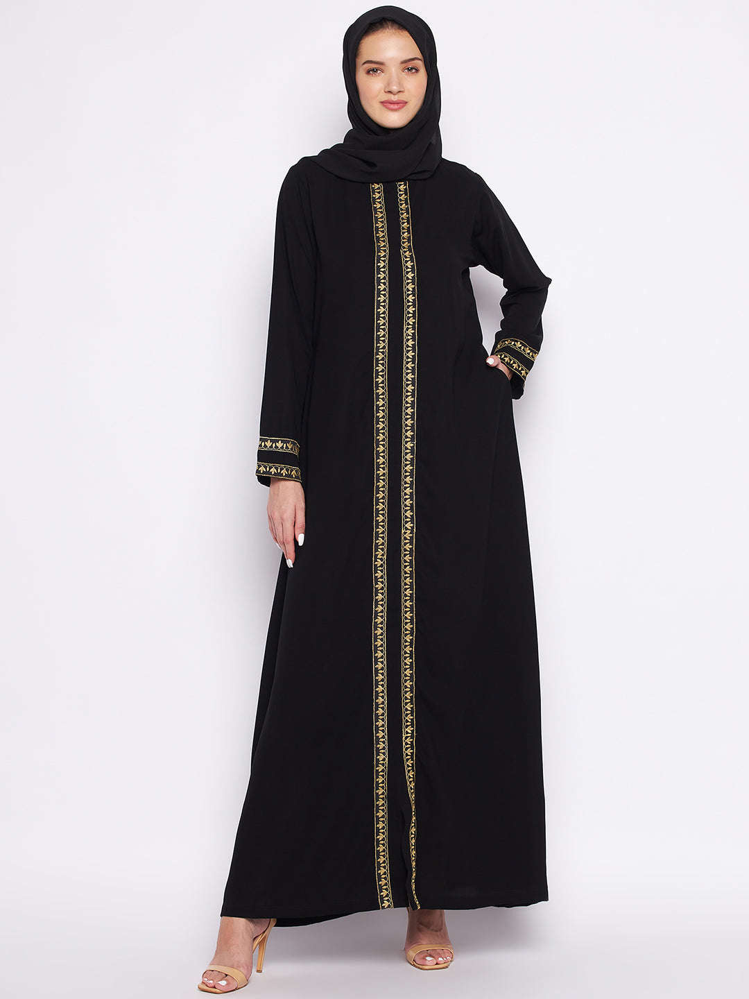 Nabia Black Solid Nida Matte Fabric Abaya For Women With Georgette Scarf