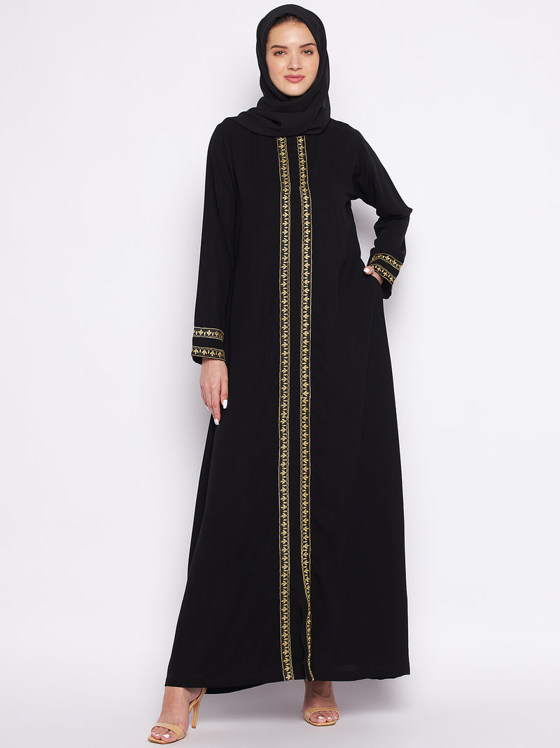 Nabia Black Solid Nida Matte Fabric Abaya For Women With Georgette Scarf