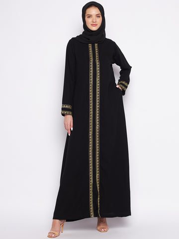 Nabia Black Solid Nida Matte Fabric Abaya For Women With Georgette Scarf