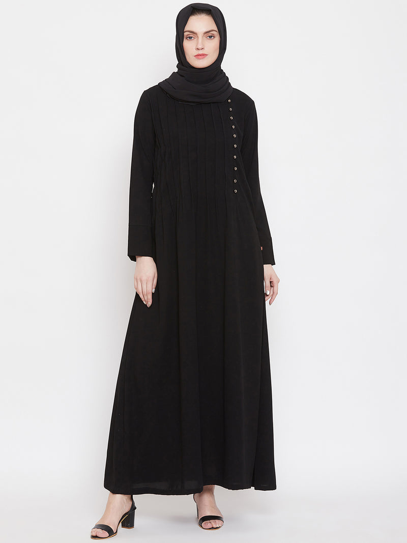 Nabia Women Black Solid Side Plate Abaya Dress With Georgette Scarf