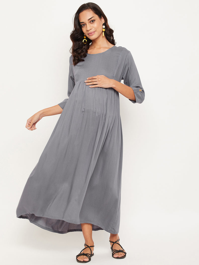 Grey Solid Maternity Dress for Women