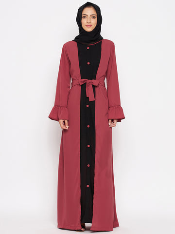 Nabia Women Rust & Black Solid Two Color Combination Bell Sleeves Abaya With Georgette Scarf