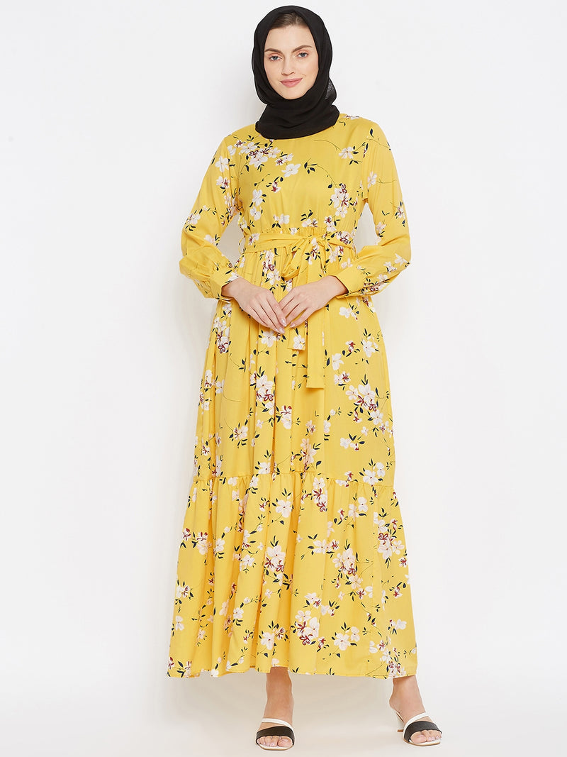 Nabia Women Yellow Floral Printed Crepe Two Frill Abaya Dress With Georgette Scarf