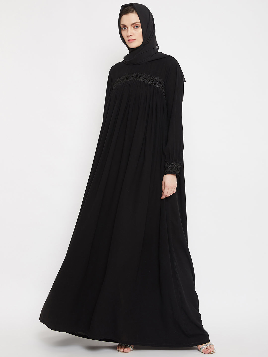 Nabia Women Black Solid Lace Maxi Abaya Dress With Georgette Scarf
