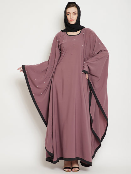 Nabia  Women Fuse Pink Solid Kaftan Abaya Enhanced Pearl Design With Georgette Scarf