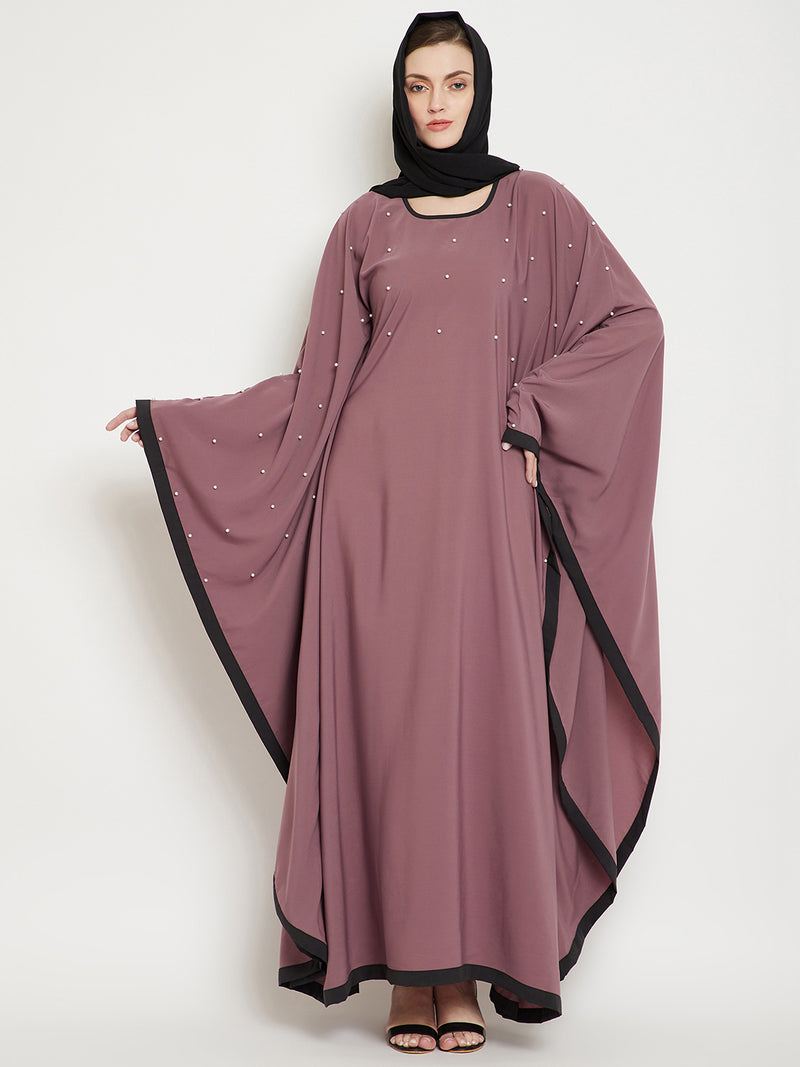Nabia  Women Fuse Pink Solid Kaftan Abaya Enhanced Pearl Design With Georgette Scarf