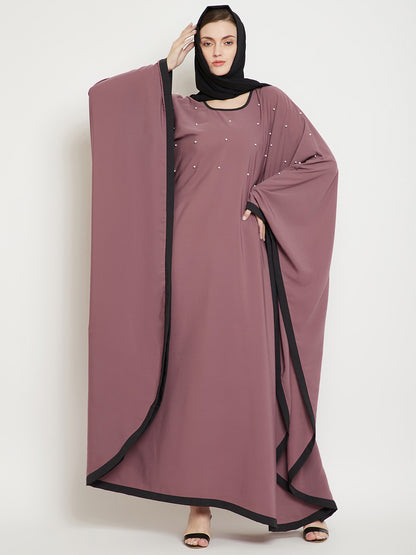 Nabia  Women Fuse Pink Solid Kaftan Abaya Enhanced Pearl Design With Georgette Scarf