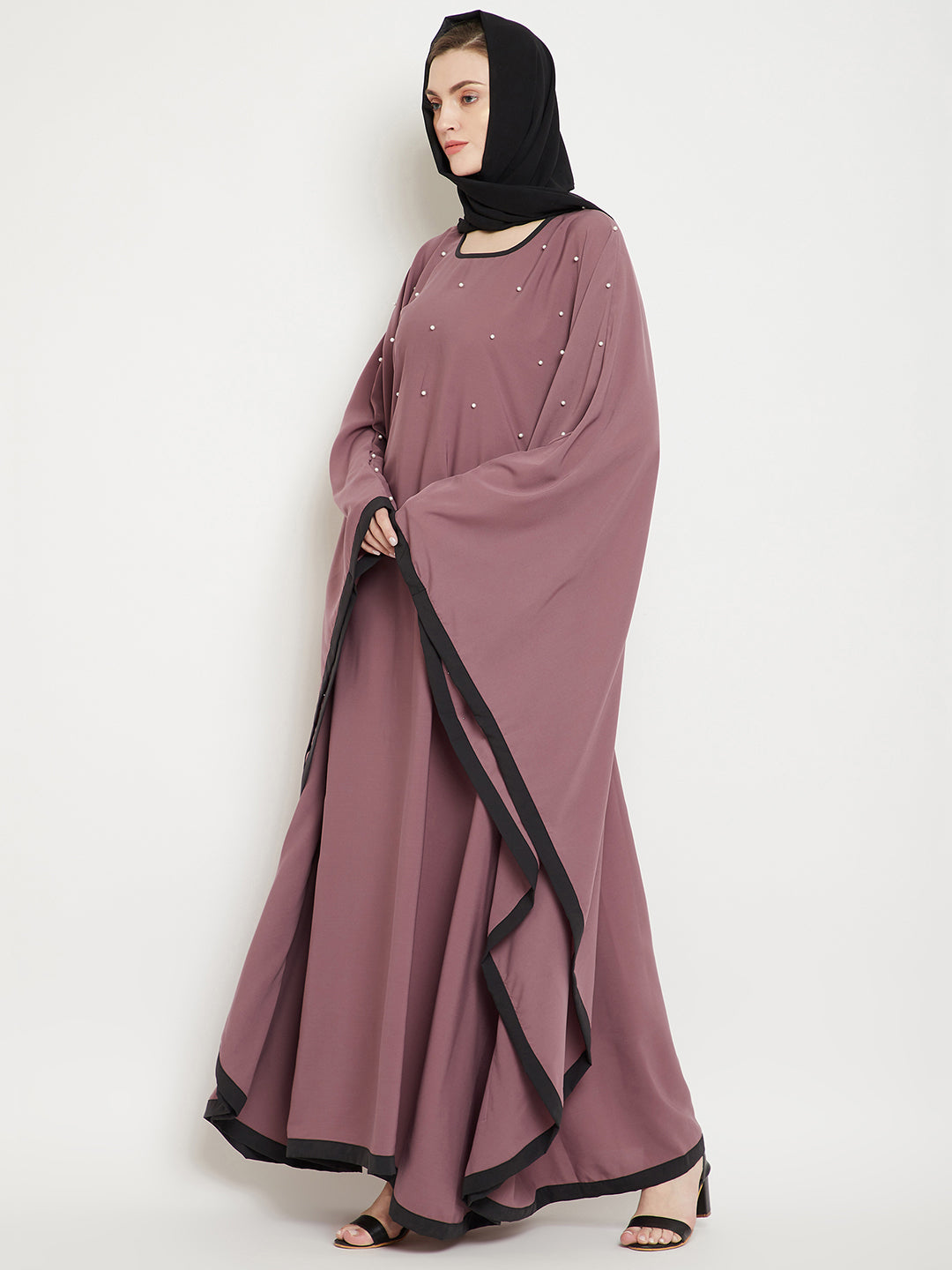 Nabia  Women Fuse Pink Solid Kaftan Abaya Enhanced Pearl Design With Georgette Scarf