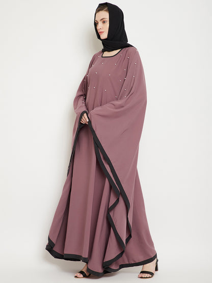 Nabia  Women Fuse Pink Solid Kaftan Abaya Enhanced Pearl Design With Georgette Scarf
