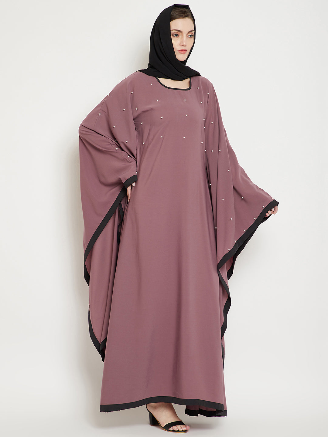 Nabia  Women Fuse Pink Solid Kaftan Abaya Enhanced Pearl Design With Georgette Scarf