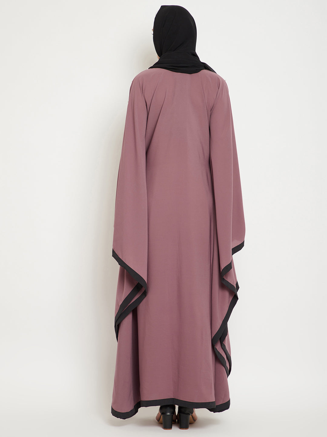 Nabia  Women Fuse Pink Solid Kaftan Abaya Enhanced Pearl Design With Georgette Scarf
