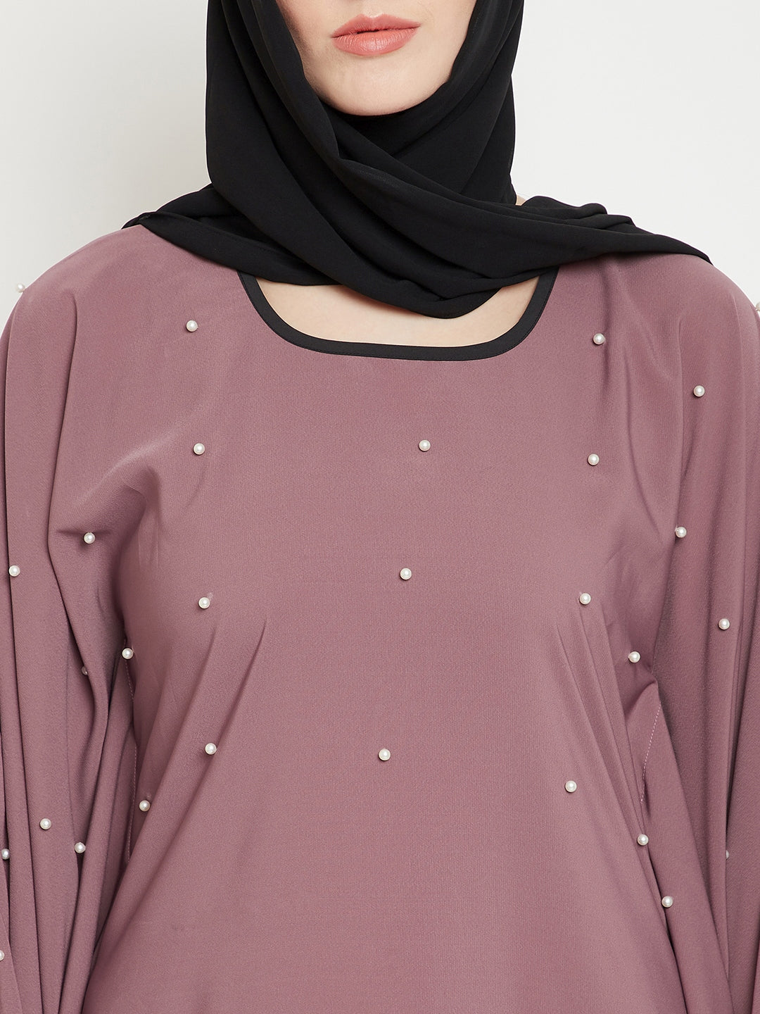 Nabia  Women Fuse Pink Solid Kaftan Abaya Enhanced Pearl Design With Georgette Scarf
