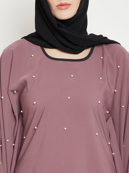 Nabia  Women Fuse Pink Solid Kaftan Abaya Enhanced Pearl Design With Georgette Scarf