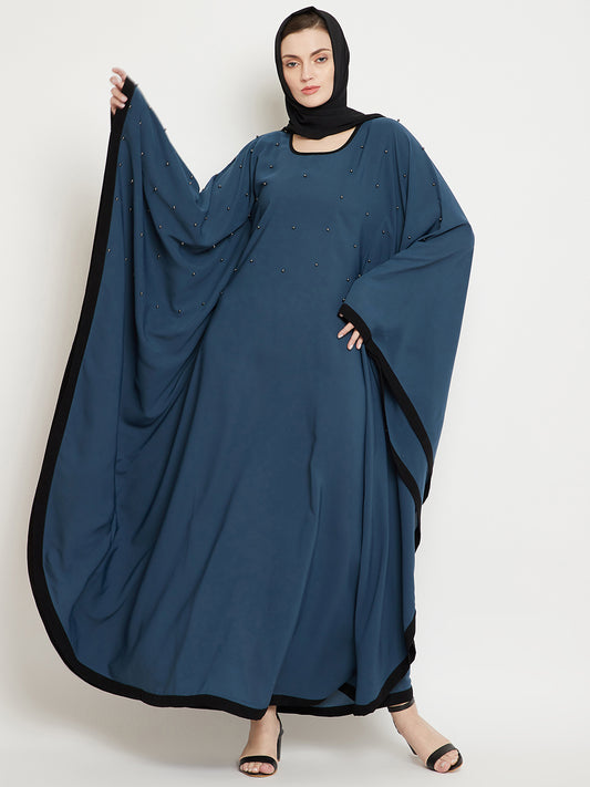 Nabia Women Grey Solid Kaftan Abaya Enhanced Pearl Design With Georget