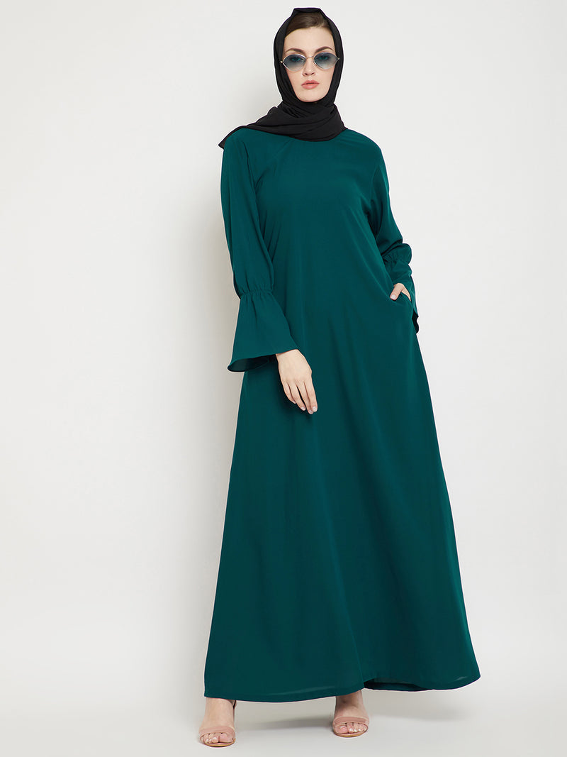 Nabia Women Bottle Green Solid Side Pockets and Bell Sleeves  A- Line Abaya With Georgette Scarf
