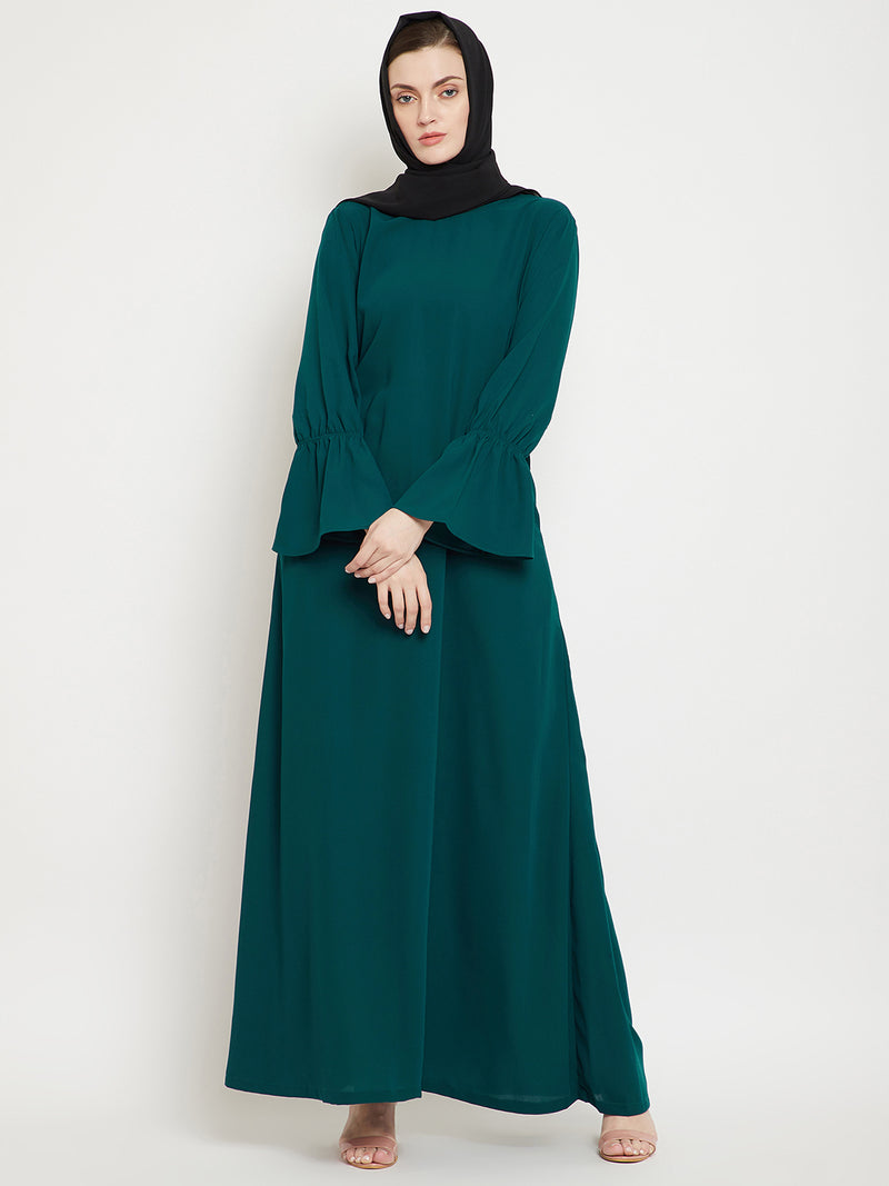 Nabia Women Bottle Green Solid Side Pockets and Bell Sleeves  A- Line Abaya With Georgette Scarf