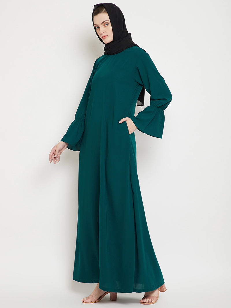 Nabia Women Bottle Green Solid Side Pockets and Bell Sleeves  A- Line Abaya With Georgette Scarf