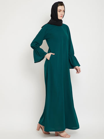 Nabia Women Bottle Green Solid Side Pockets and Bell Sleeves  A- Line Abaya With Georgette Scarf
