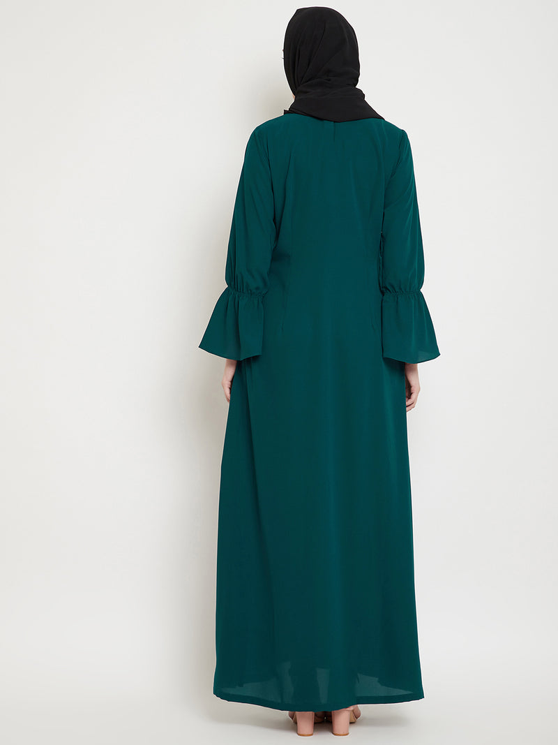 Nabia Women Bottle Green Solid Side Pockets and Bell Sleeves  A- Line Abaya With Georgette Scarf