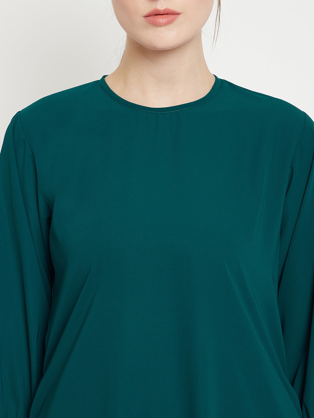 Nabia Women Bottle Green Solid Side Pockets and Bell Sleeves  A- Line Abaya With Georgette Scarf