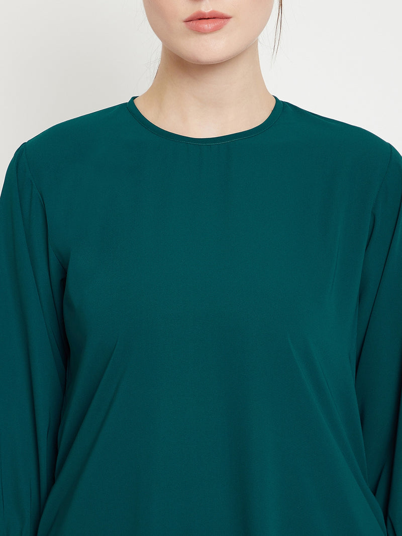Nabia Women Bottle Green Solid Side Pockets and Bell Sleeves  A- Line Abaya With Georgette Scarf