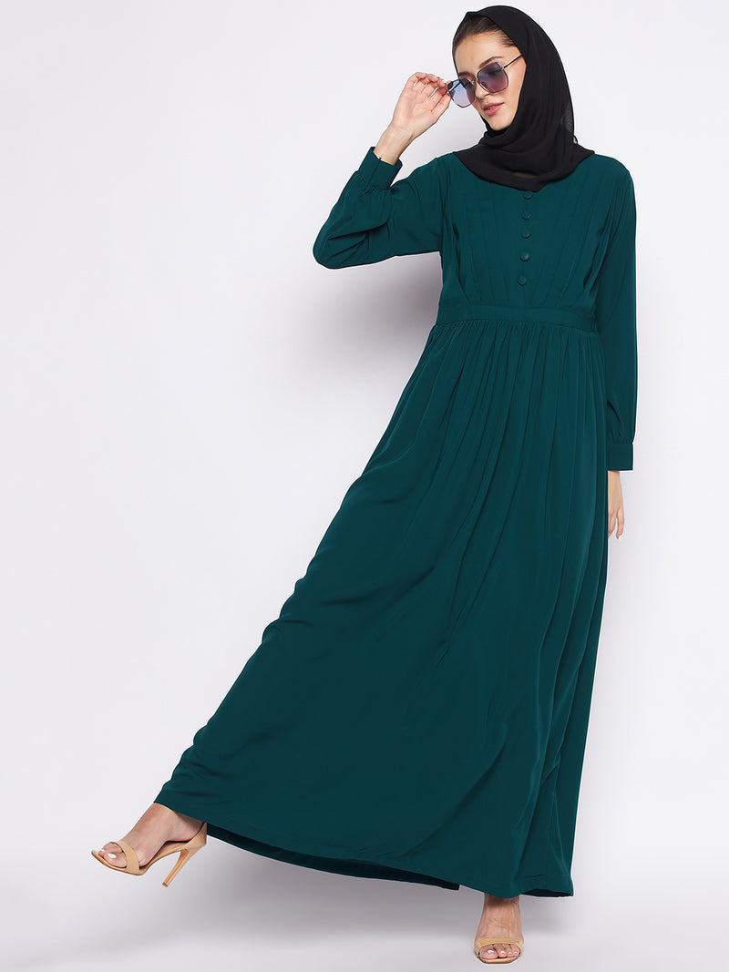 Nabia Bottle Green Solid Nida Matte Fabric Abaya For Women With Georgette Scarf