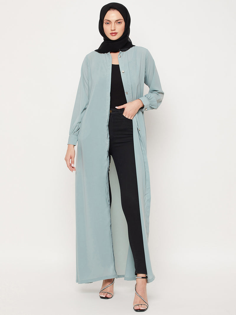 Nabia Sea Green Nida Mate Fabric Front Open Abaya With Georgette Scarf