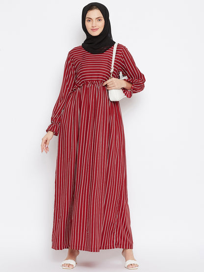 Nabia Maroon Stripe Crepe Abaya Dress with Georgette Scarf