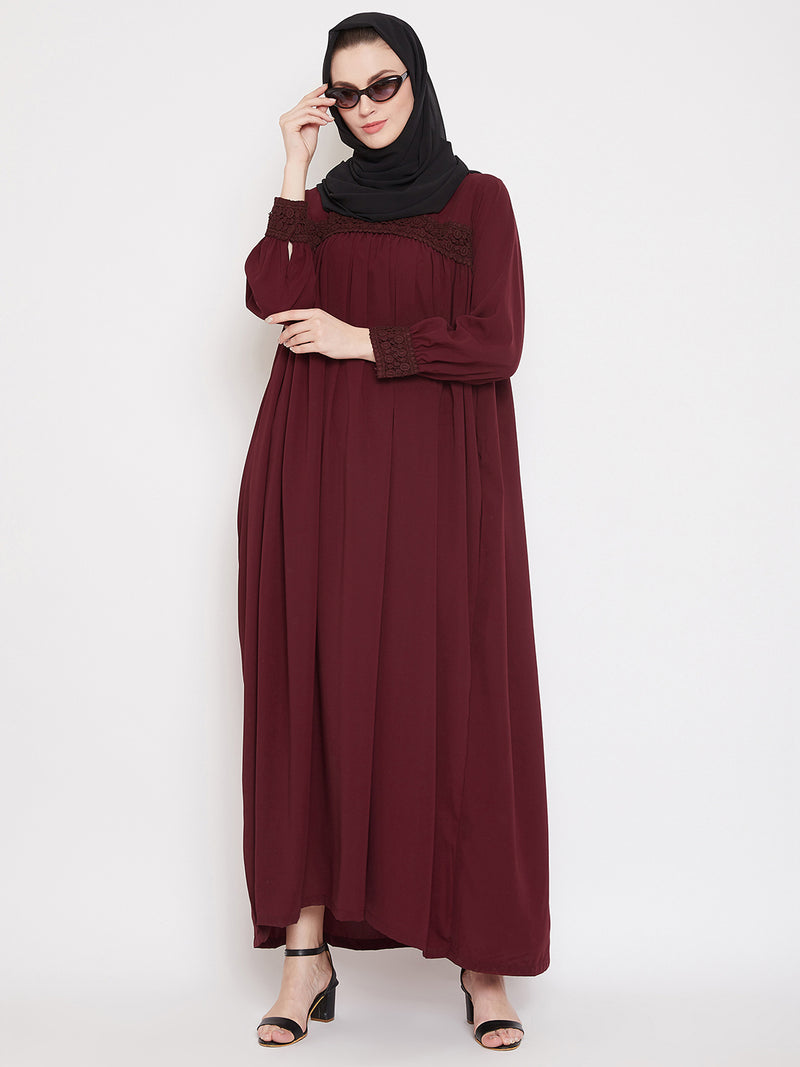 Nabia Women Maroon Solid Lace Maxi Abaya Dress With Georgette Scarf