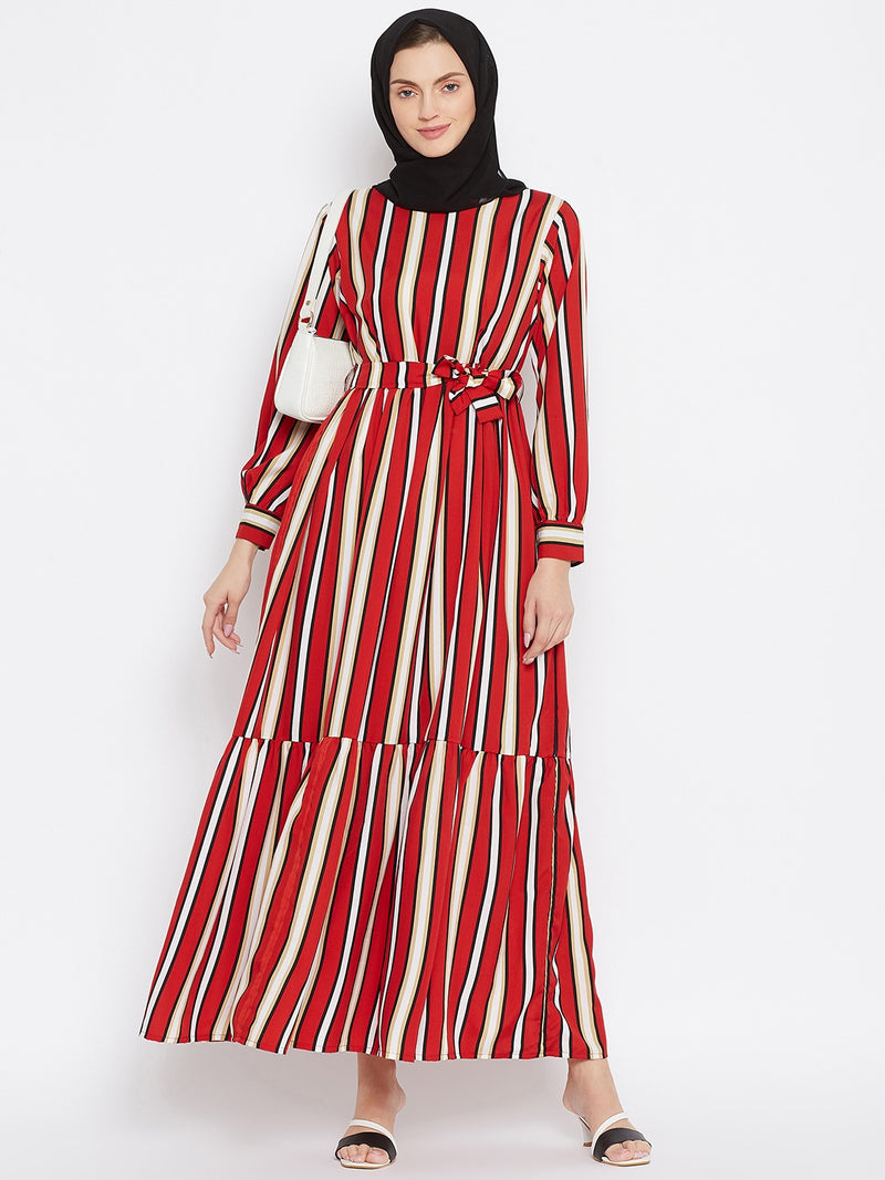 Nabia Women Red & White Stripe Crepe Two Frill Abaya Dress With Georgette Scarf