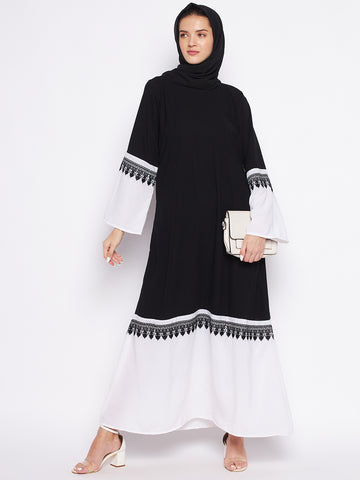 Nabia Black & White Nida Matte Fabric Abaya For Women With Georgette Scarf