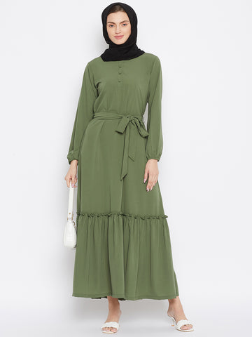 Nabia Women Jade Green Solid Frill Abaya With Georgette Scarf