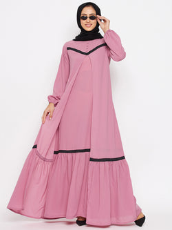 Nabia Women Puce Pink Solid Lace Maxi Abaya Dress With Georgette Scarf