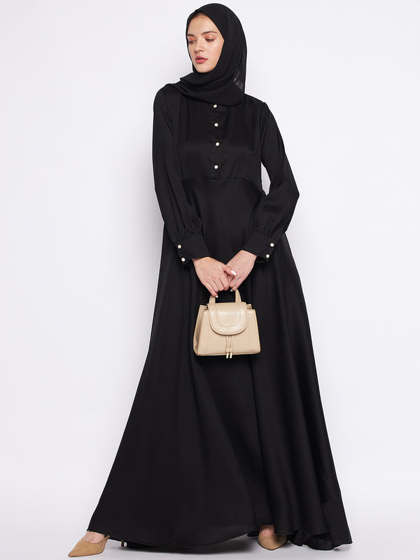 Nabia Black Solid Nida Fabric Abaya For Women With Georgette Scarf