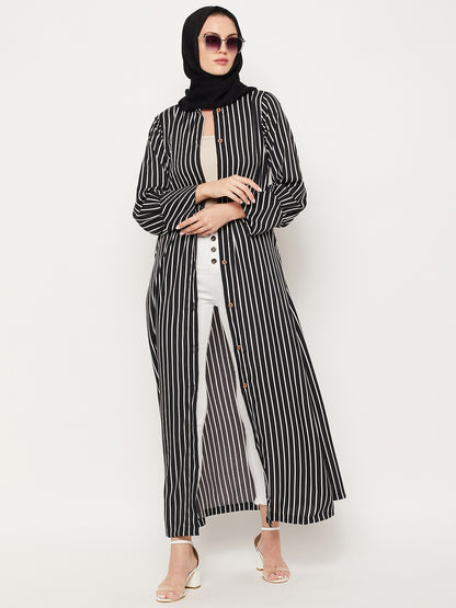Nabia Black Striped Front Open Women Abaya with Georgette Scarf