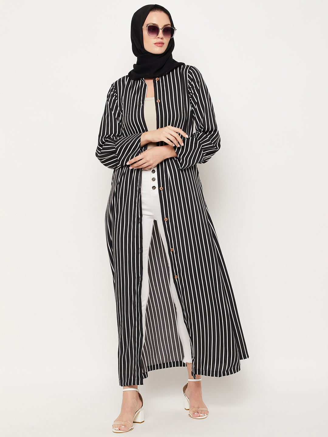 Nabia Black Striped Front Open Women Abaya with Georgette Scarf