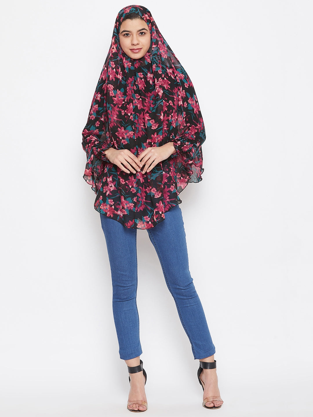 Nabia Women Black Floral Printed  Khimar Hijab