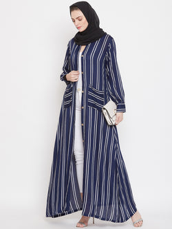 Nabia Women Blue Rayon Fabric Front Open Striped Abaya With Georgette Scarf