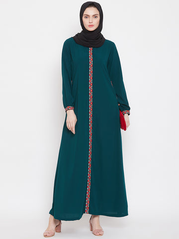 Nabia Women Green Chikan Hand Embroidery Nida Matte Fabric Abaya with Georgette Scarf