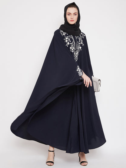 Nabia Women Blue Irani Kaftan Abaya Enhanced With Chikan Hand Embroidered With Georgette Scarf
