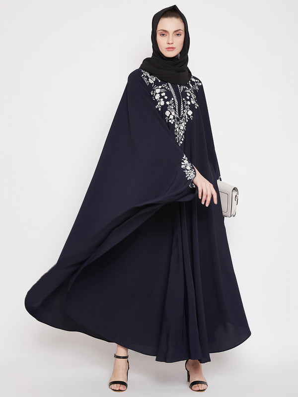 Nabia Women Blue Irani Kaftan Abaya Enhanced With Chikan Hand Embroidered With Georgette Scarf