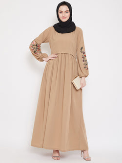 Nabia Women Beige Chikan Hand Embroidery Design  Abaya With Georgette Scarf