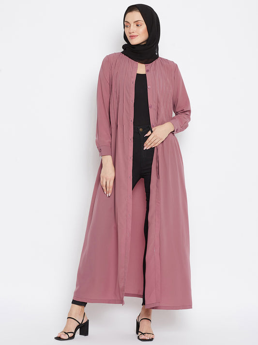 Nabia Women Pink Front Open  Abaya with Georgette Scarf