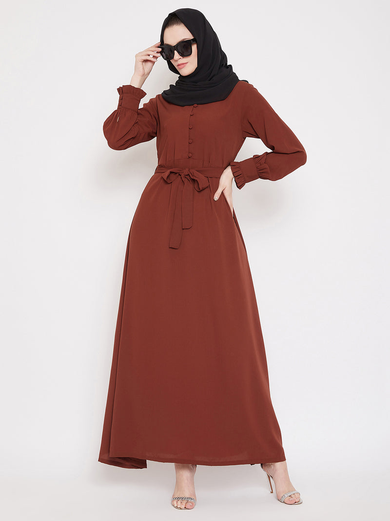 Nabia Women Rust Solid Nida Matte Fabric Abaya With Georgette Scarf
