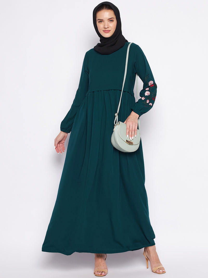 Nabia Bottle Green Nida Matte Fabric Embroidery Abaya For Women With Georgette Scarf
