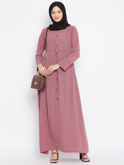 Nabia Women Fuse Pink Solid Yog Plate Abaya Dress With Georgette Scarf