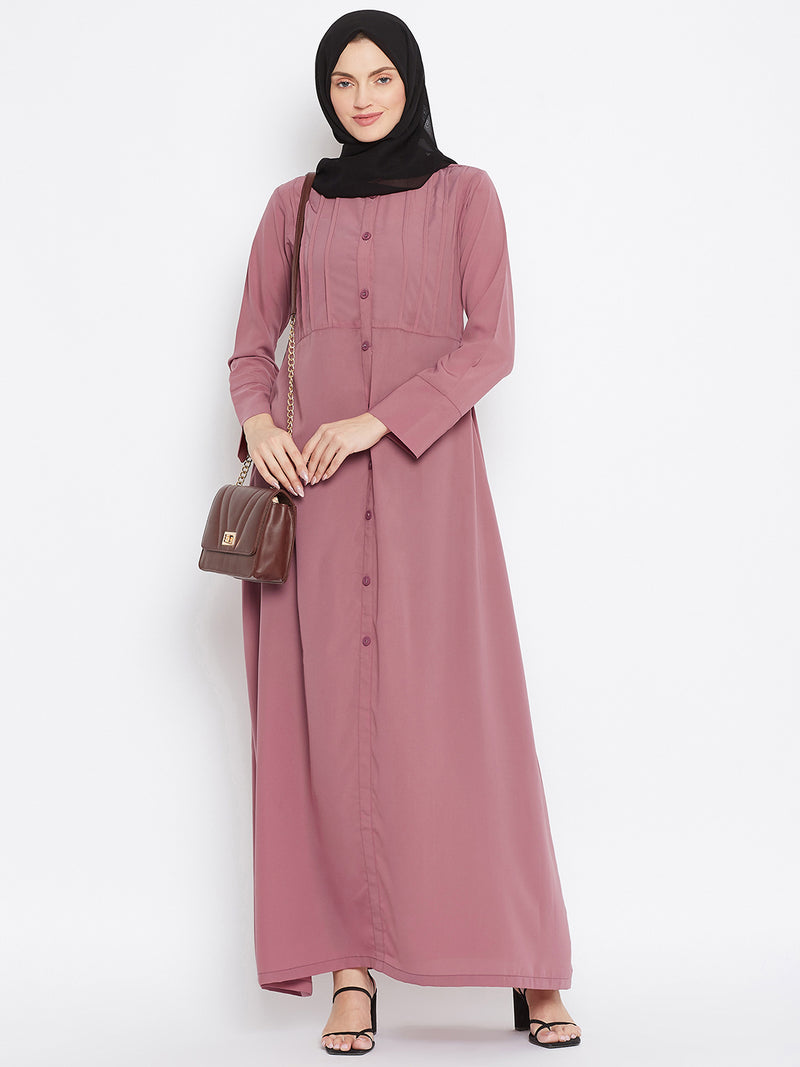 Nabia Women Fuse Pink Solid Yog Plate Abaya Dress With Georgette Scarf