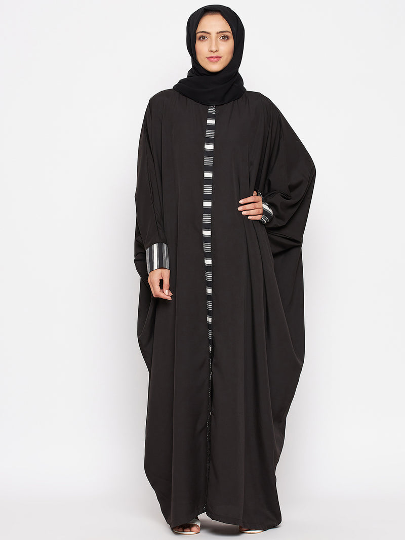 Nabia  Women Black Solid Crepe Design Kaftan Abaya With Georgette Scarf